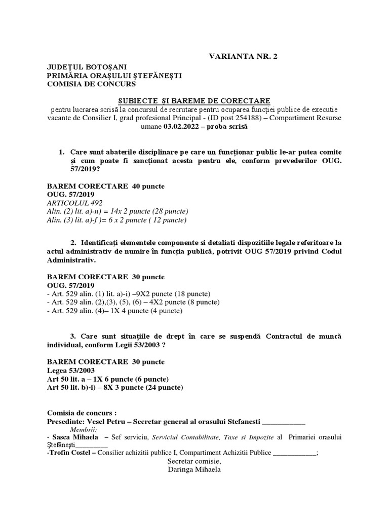 SUBIECTE SI BAREME VARIANTA NR.2 Ru | PDF
