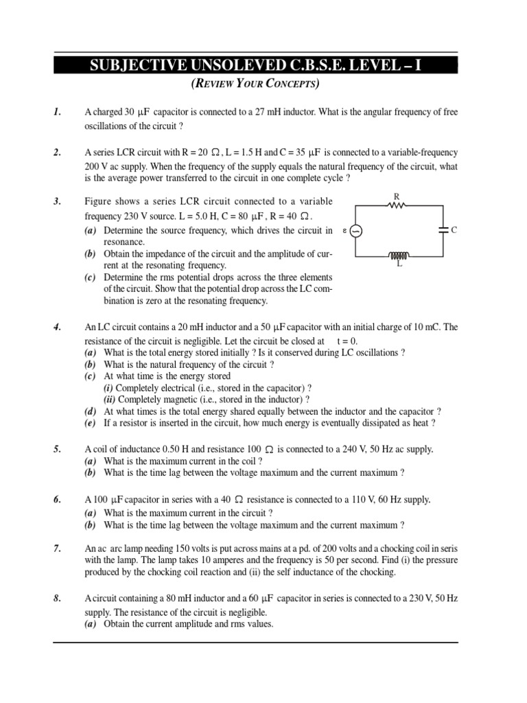 Unsolved CBSE Level I Physics Problems | PDF | Inductor | Electrical ...
