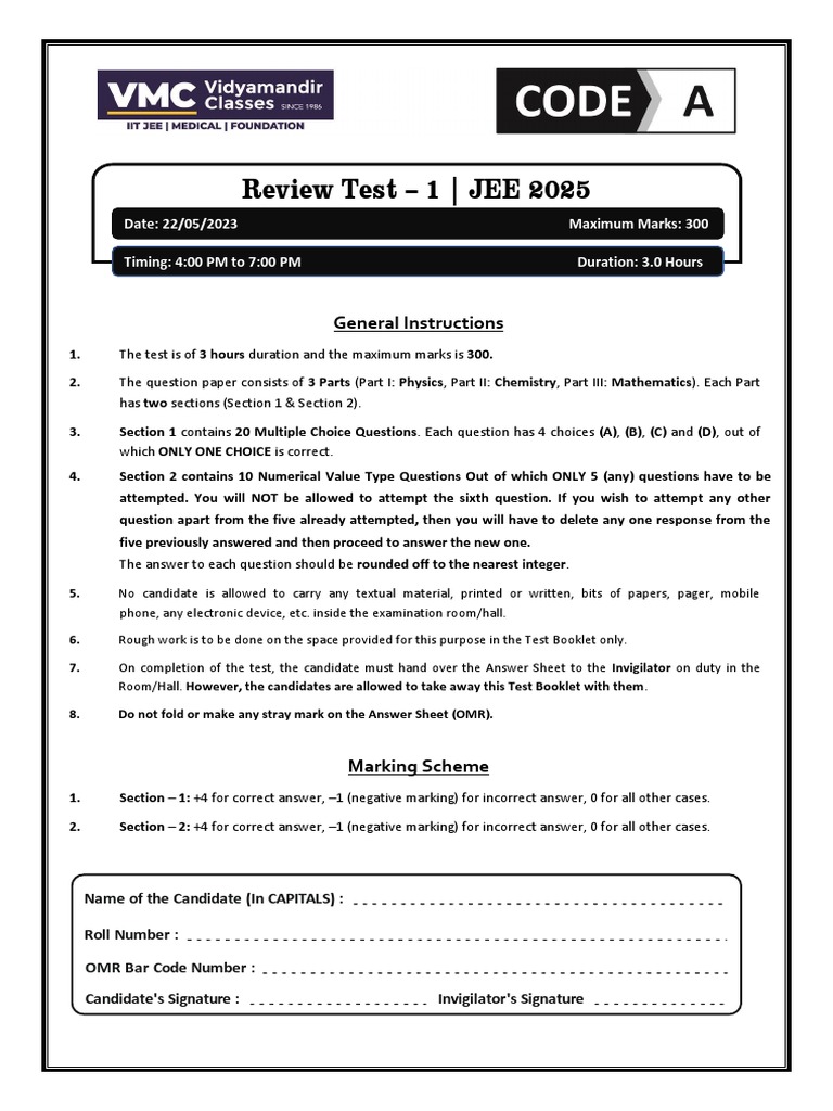 JEE 2025 Review Test 1 Guidelines | PDF | Mole (Unit) | Force
