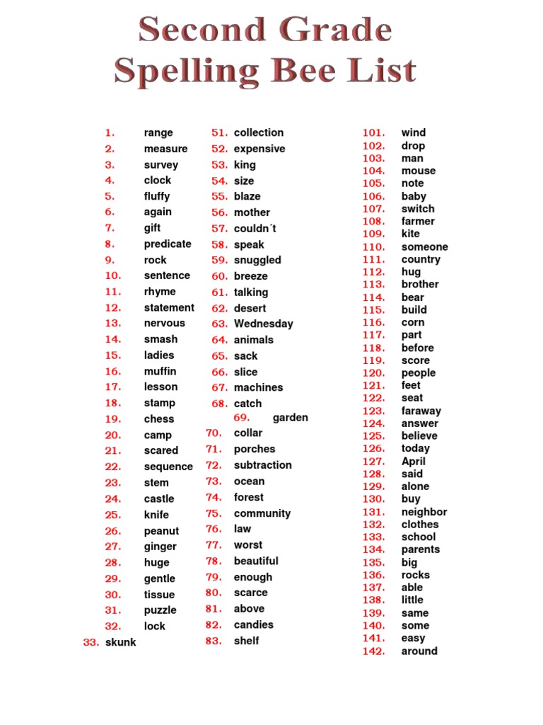 Spelling Bee List Sencond Grade | PDF
