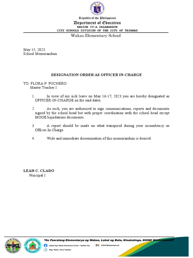 Designation Order As Officer InCharge PDF
