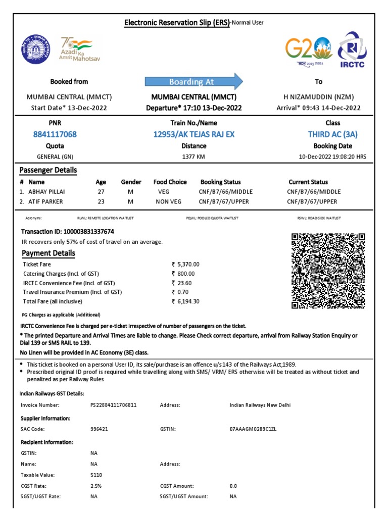 AK Tejas Raj Express Booking Details | PDF | Identity Document