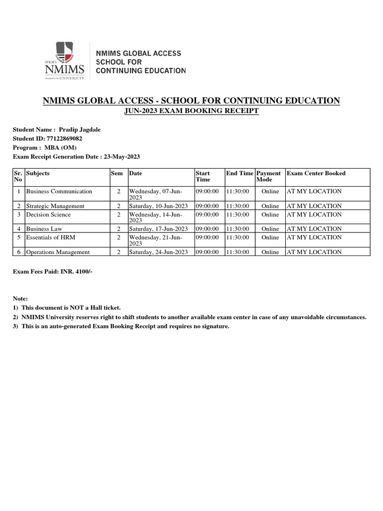 Exam Fee Receipt | PDF