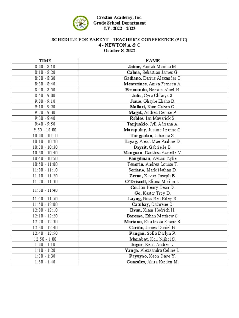 Creston Academy PTC Schedule 2022-2023 | PDF