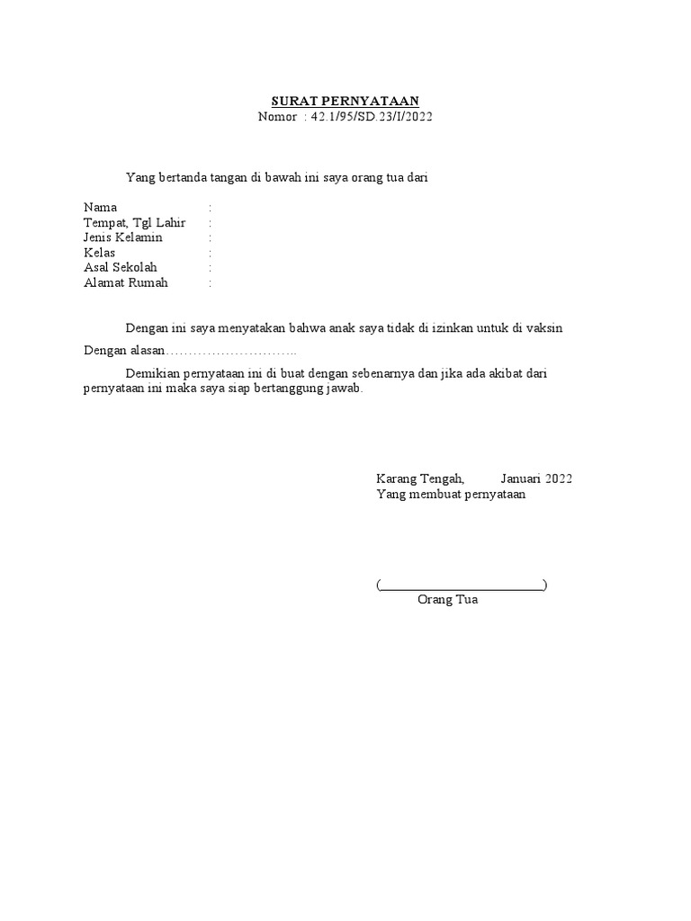Surat Pernyataan Vaksin SDN Malangnengah III | PDF