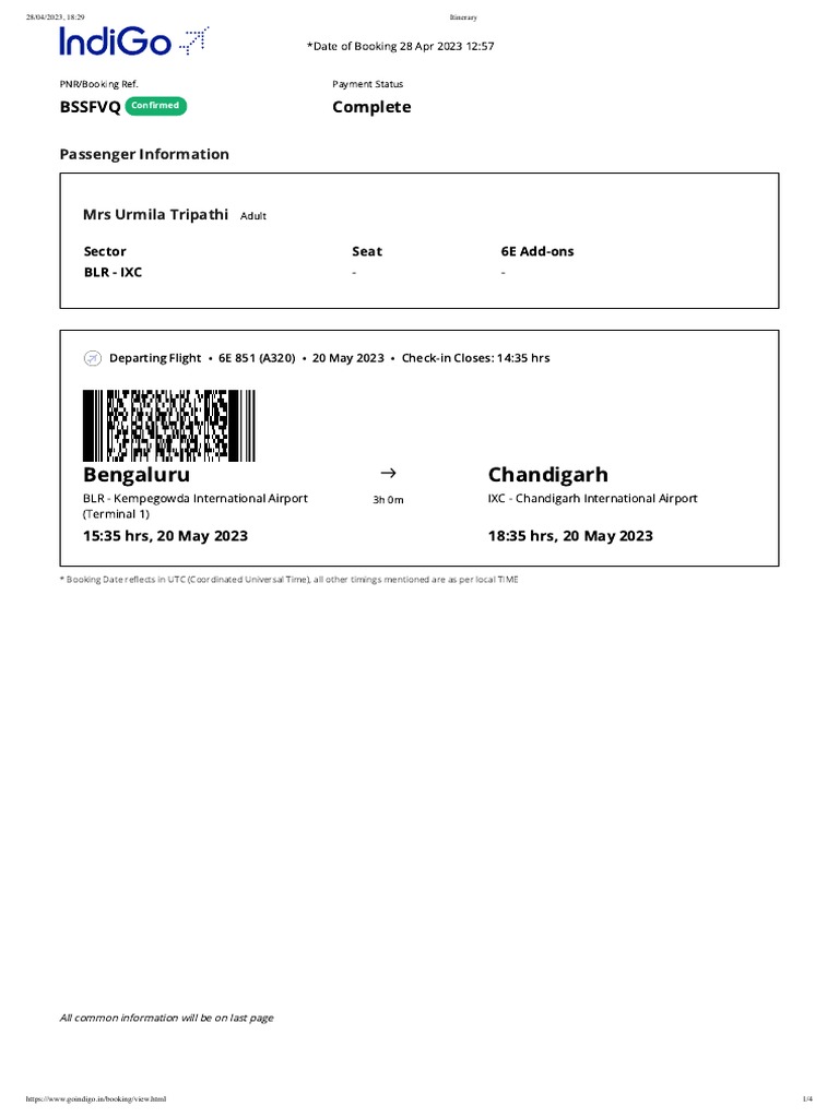 Mummy Ji Ticket To Chandigarh 20 May 2023 PDF Airport