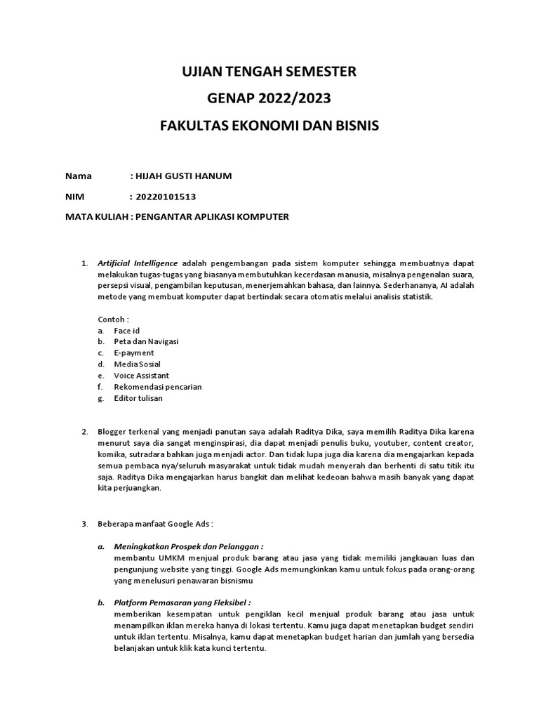 UTS Pengantar APK Komputer Hijah Gusti Hanum 20220101513 PDF