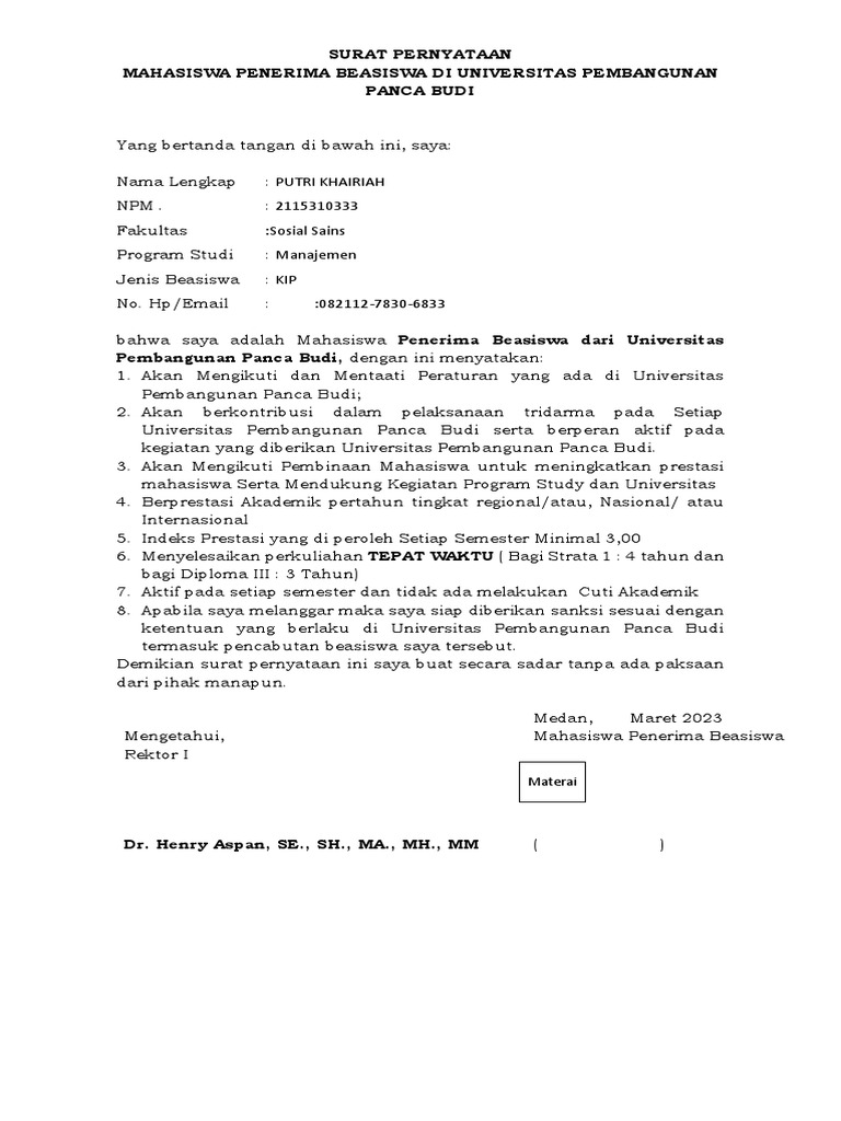 Surat Pernyataan Mahasiswa | PDF