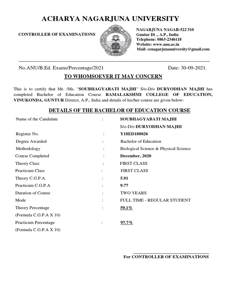Acharya Nagarjuna University: No - ANU/B.Ed. Exams/Percentage/2021 Date ...