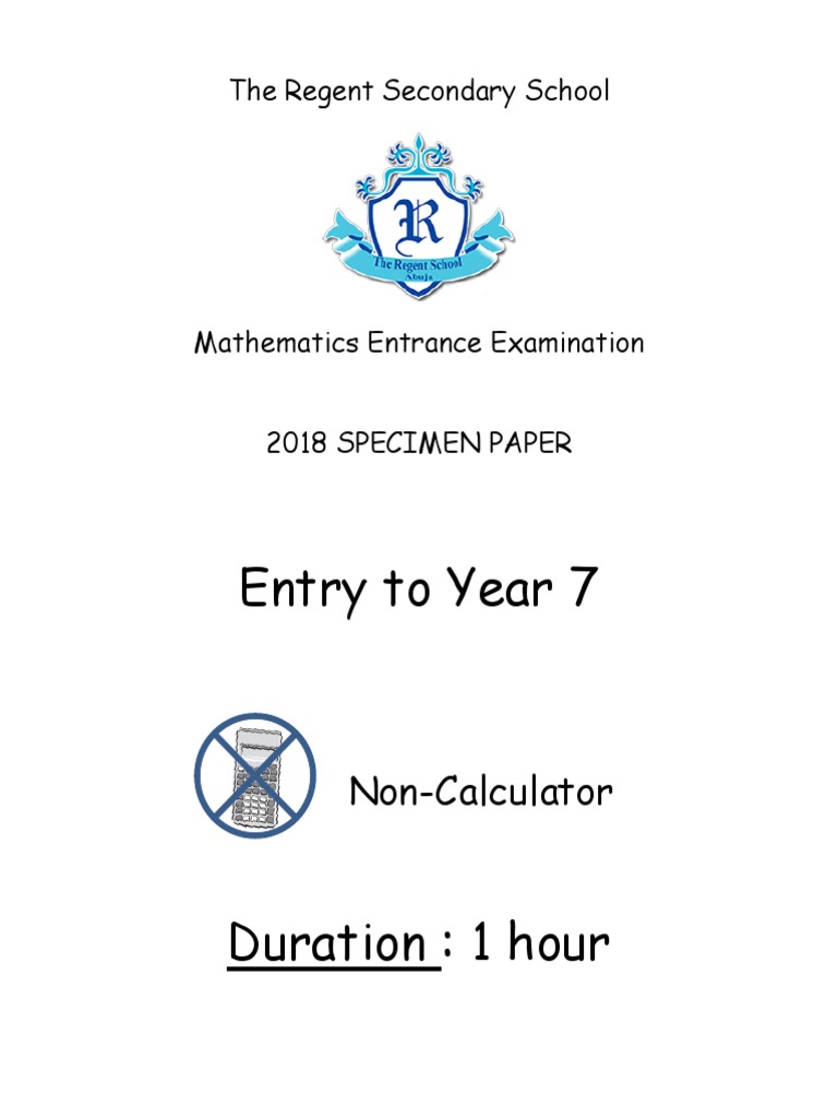Year 7 Maths Entrance Exam Paper | PDF | Numbers | Area