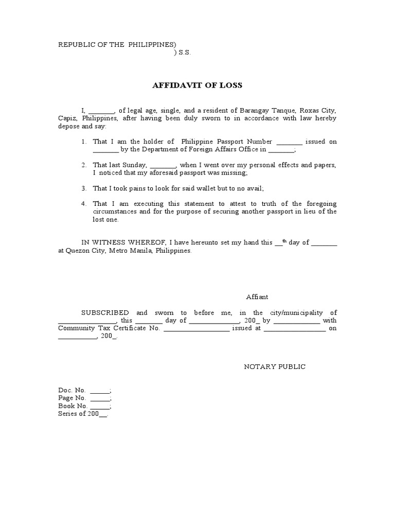 Affidavit of Loss (Passport) PDF