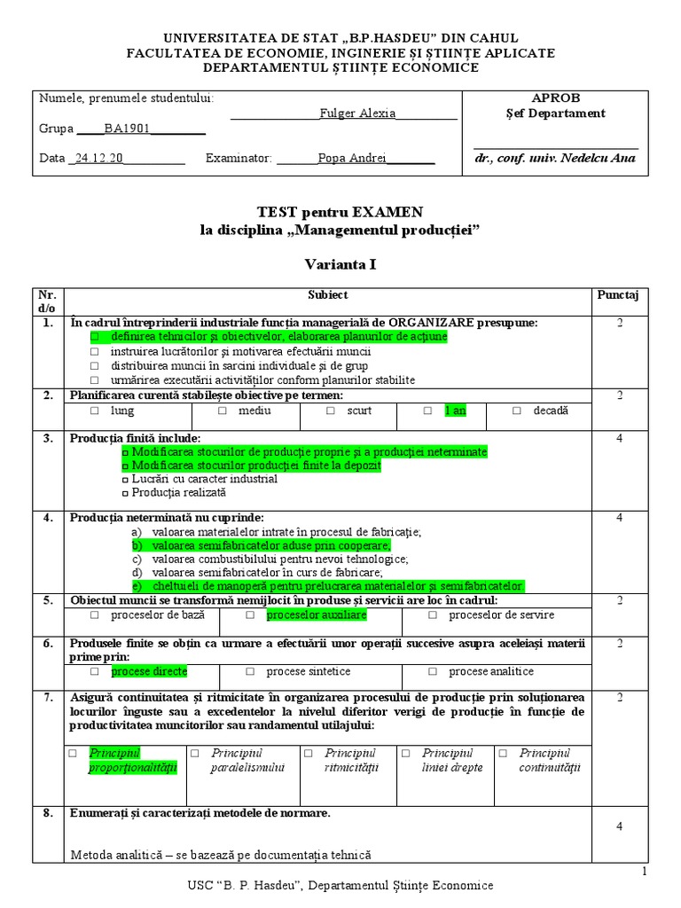 Test - Ex - MG Productiei - V1 - 2020 | PDF