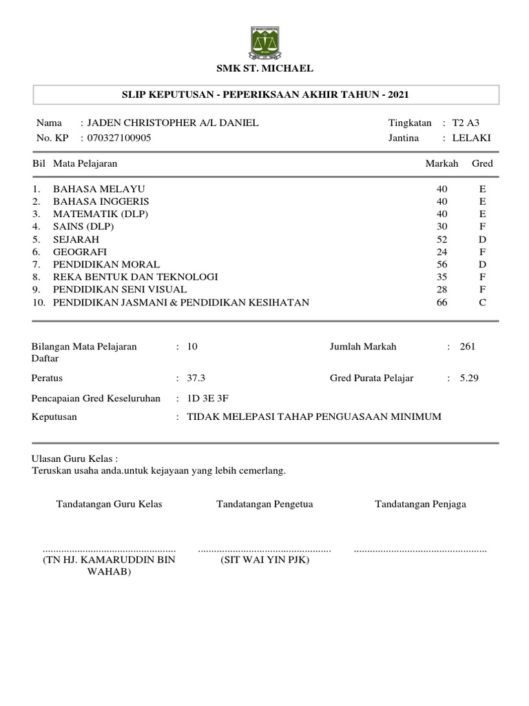 SMK St. Michael Slip Keputusan Peperiksaan Akhir Tahun 2021 PDF