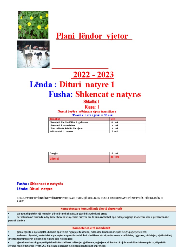 Dituri - Natyre 1 - Plani Mesimor - 2022-2023 | PDF