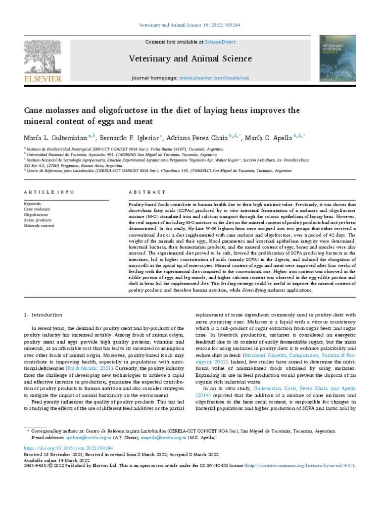 Cane molasses and oligofructose in the diet of laying hens improves the