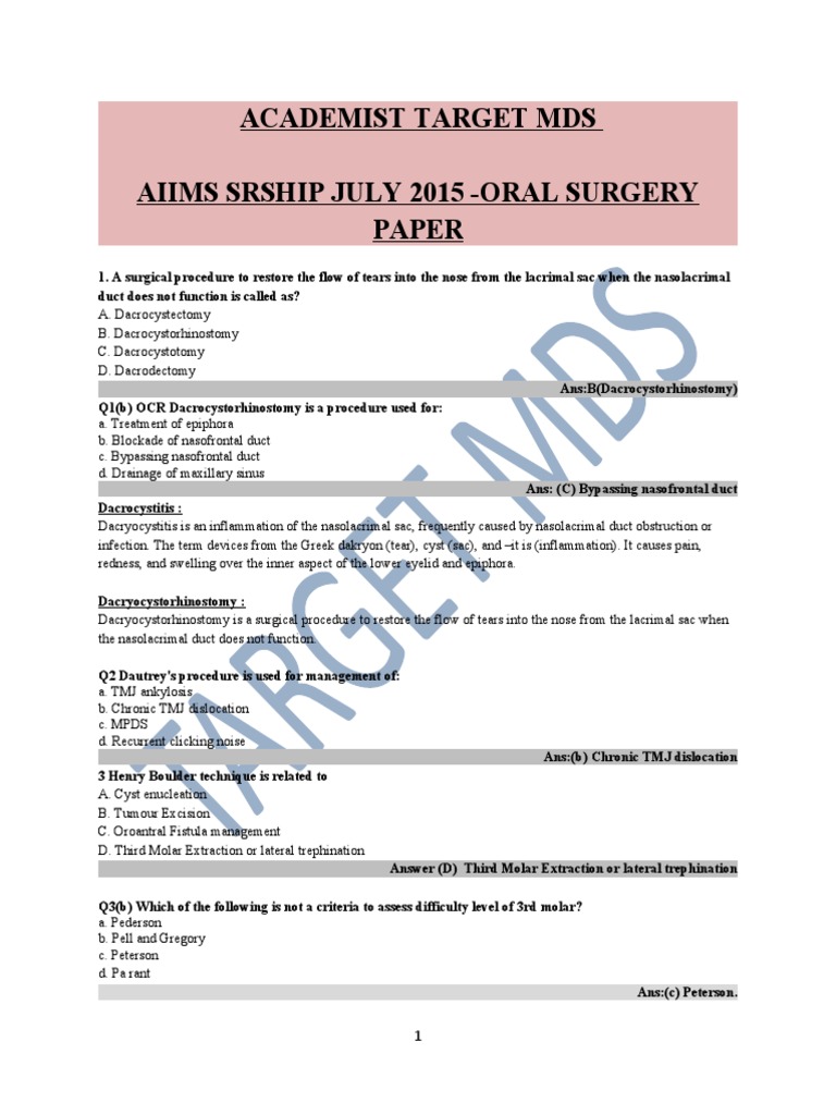 AIIMS SR Ship MDS Oral Surgery Paper | PDF | Musculoskeletal System ...