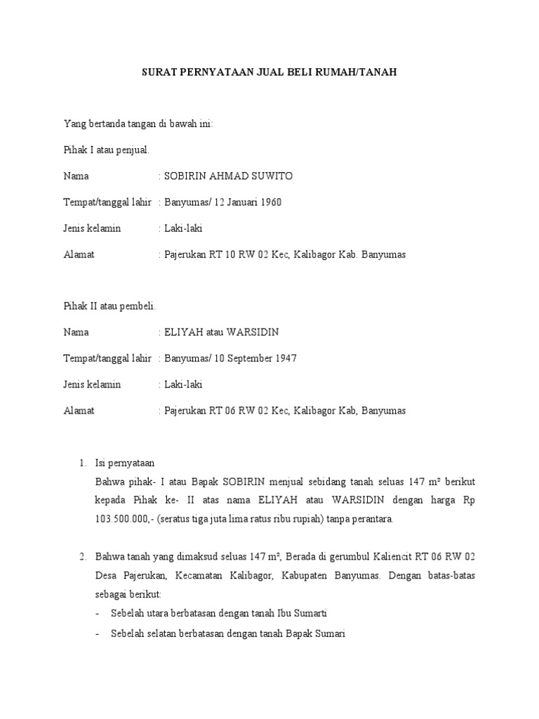 Surat Pernyataan Jual Beli Rumah | PDF