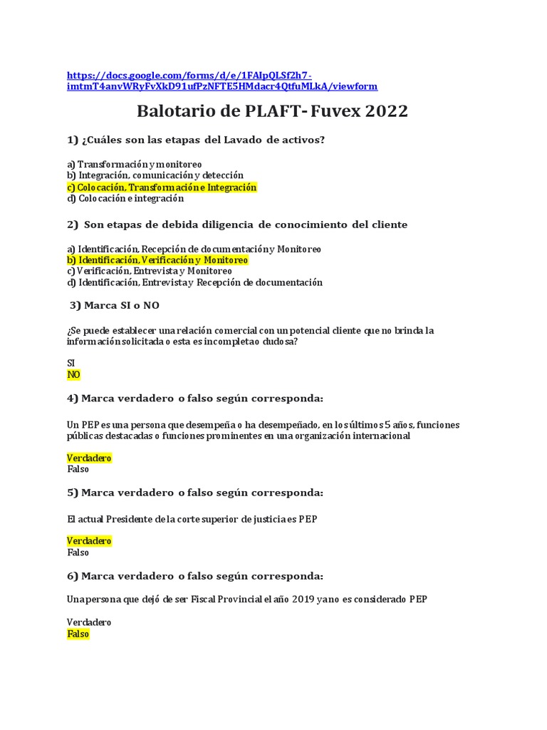 Balotario de PLAFT - Fuvex 2022 | PDF