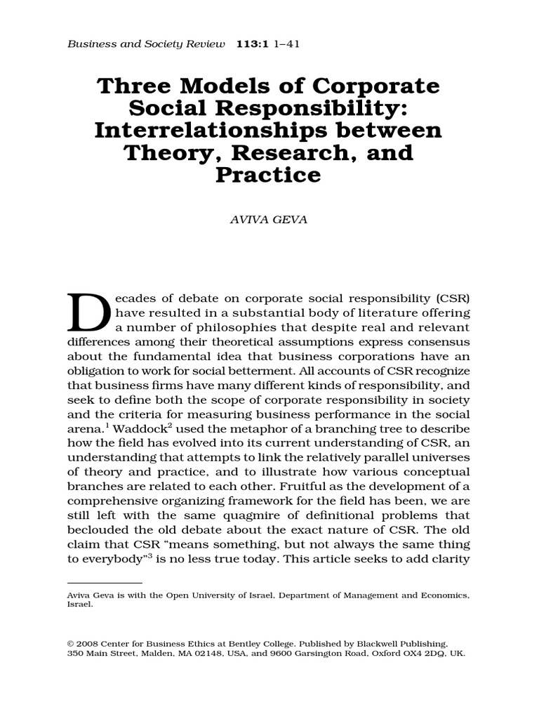Three CSR Models Explained | PDF | Corporate Social Responsibility ...