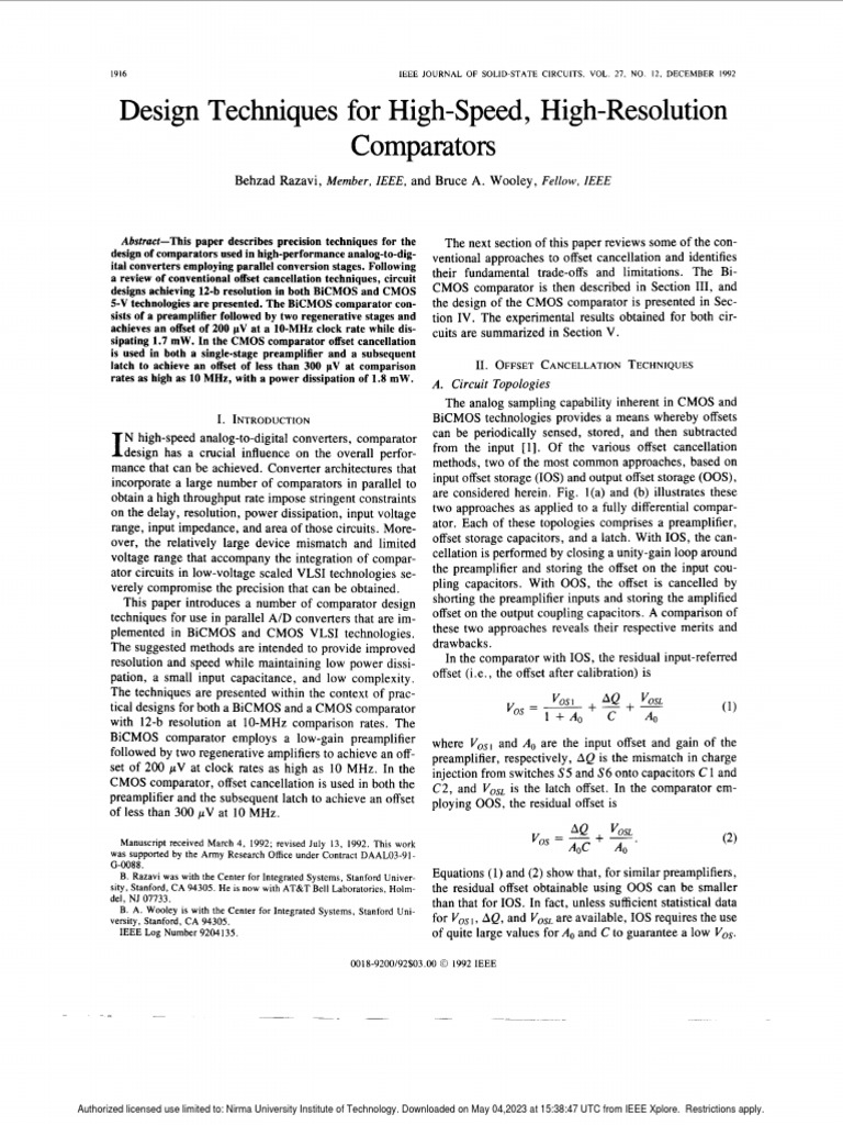 Design Techniques For HighSpeed HighResolution Comparators PDF