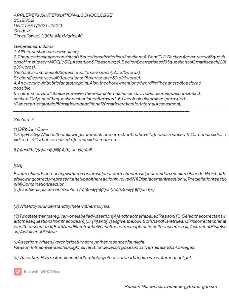 Grade 10 Science Unit Test 2021-22 | PDF | Teaching Methods & Materials
