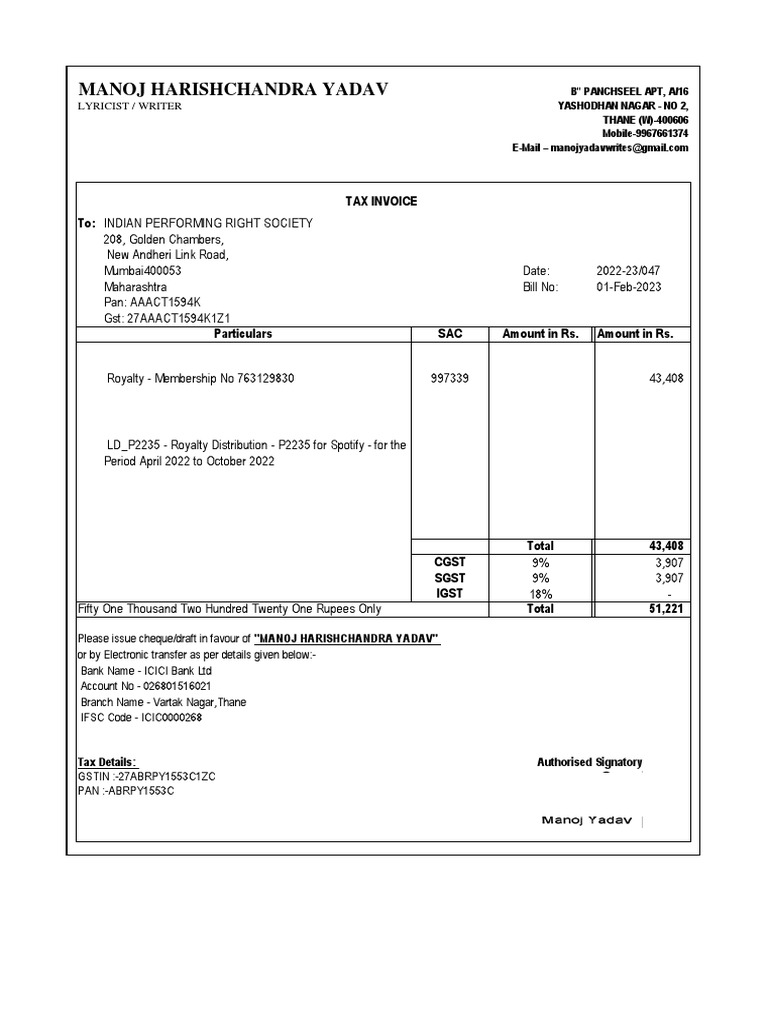 Royalty Invoice for Manoj Yadav | PDF