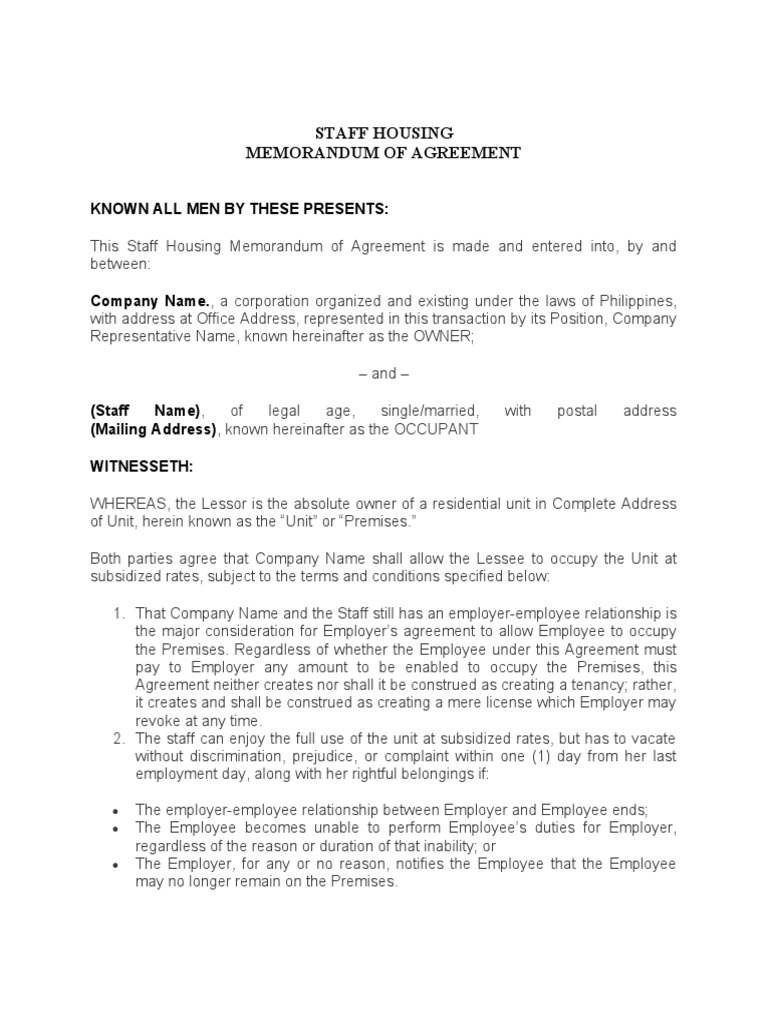 Employee Housing Agreement Template | PDF | Lease | Employment