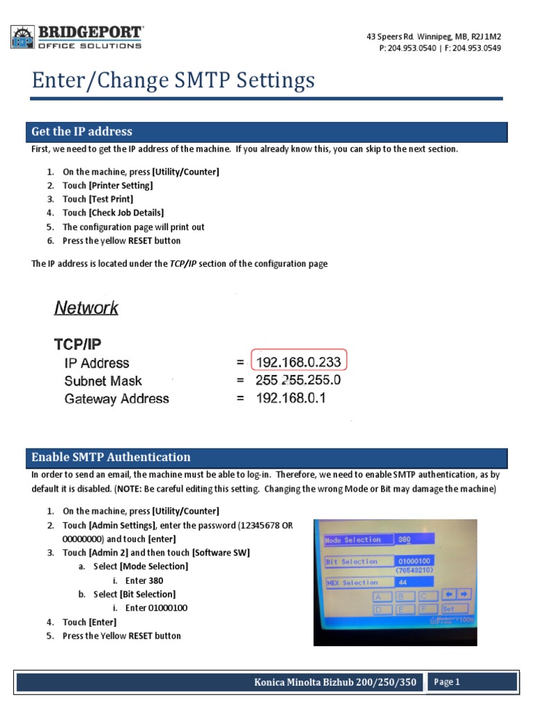 Configure SMTP for Bizhub C250i | PDF