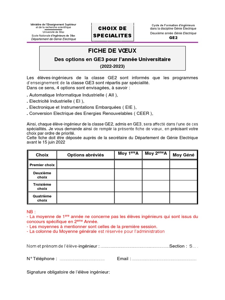 Choix de spécialités GE2 à Sfax 2022-2023 | PDF