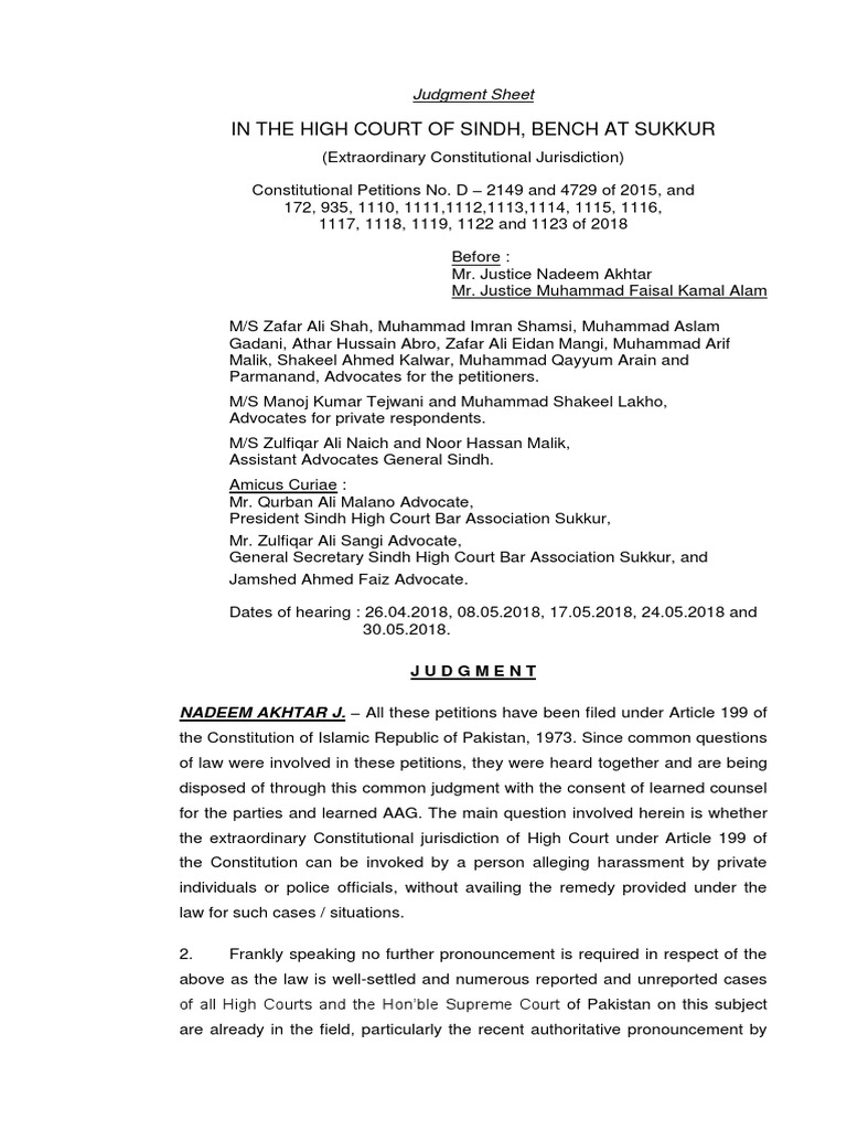 In The High Court of Sindh, Bench at Sukkur: Judgment Sheet | PDF ...