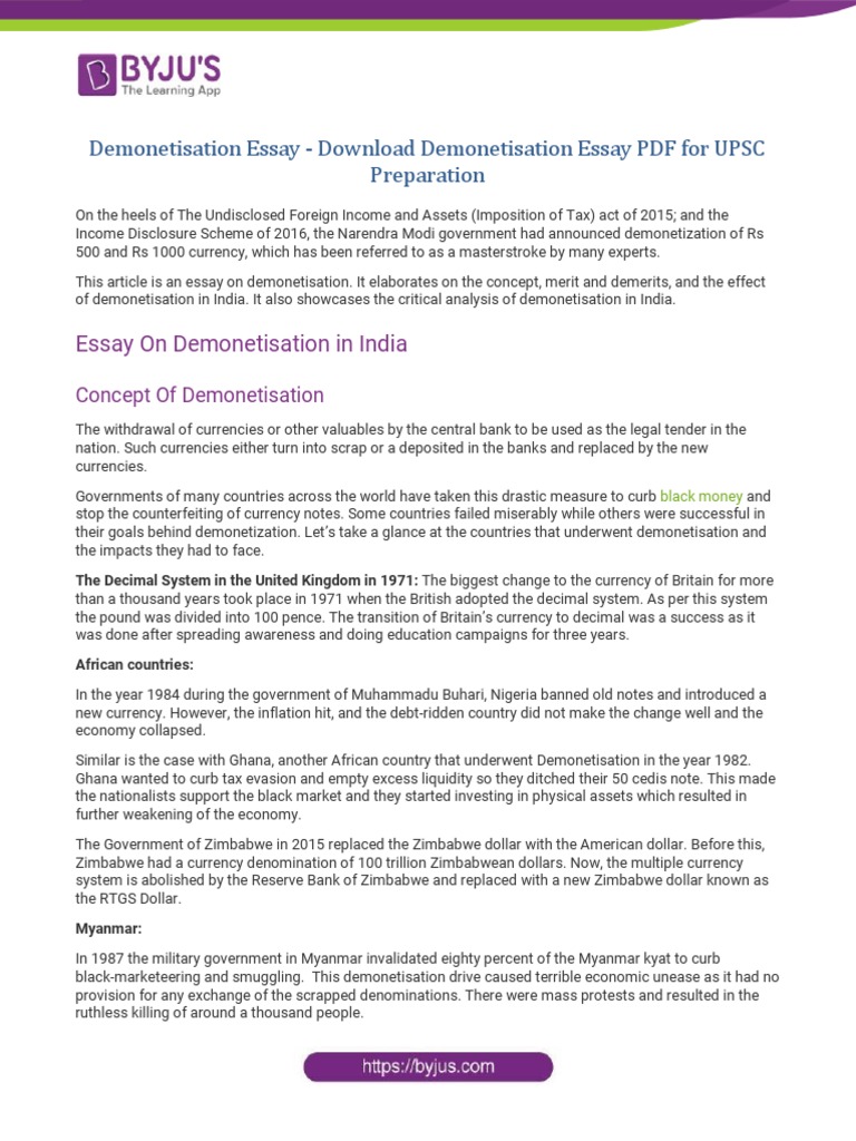 Demonetisation Essay Download Demonetisation Essay PDF For UPSC Preparation  | PDF | Indian Black Money | Legal Tender