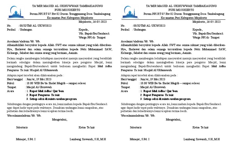 Undangan Rapat Pengurus Masjid | PDF