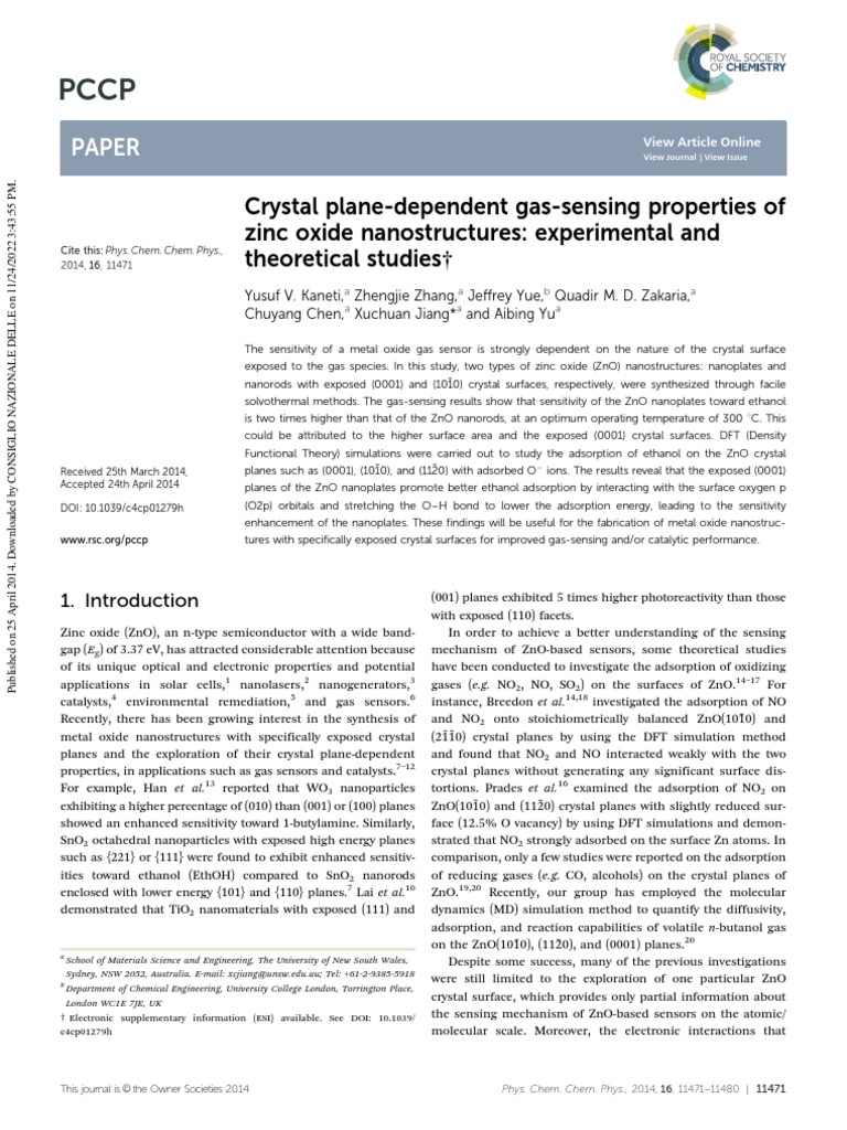 Zinc Oxide Nanostructures for Gas Sensing | PDF | Zinc Oxide | Adsorption