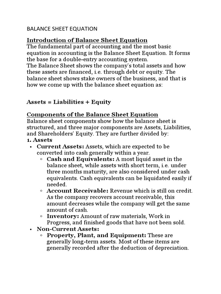 Balance Sheet Equation PDF Balance Sheet Equity (Finance)