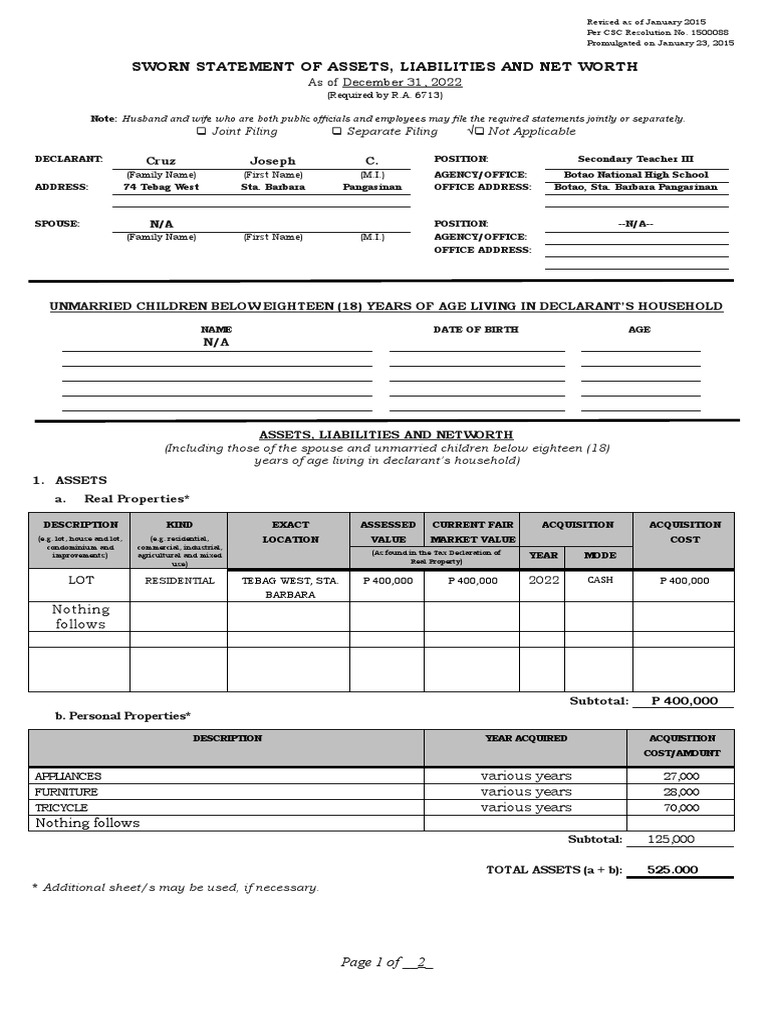 Sworn Statement of Assets 2022 | PDF | Net Worth | Money