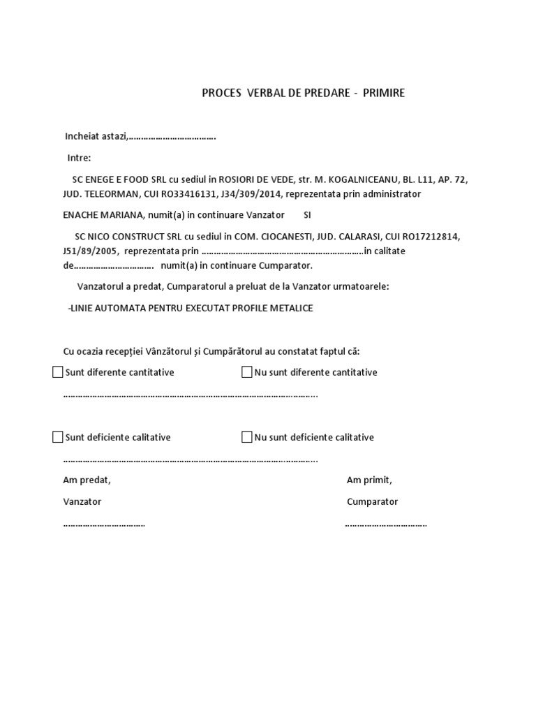 Proces Verbal Predare Primire Utilaj | PDF