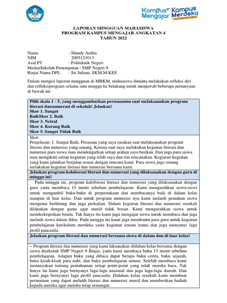 Format Laporan Mingguan Ke 7 Mahasiswa Km 4 Pdf