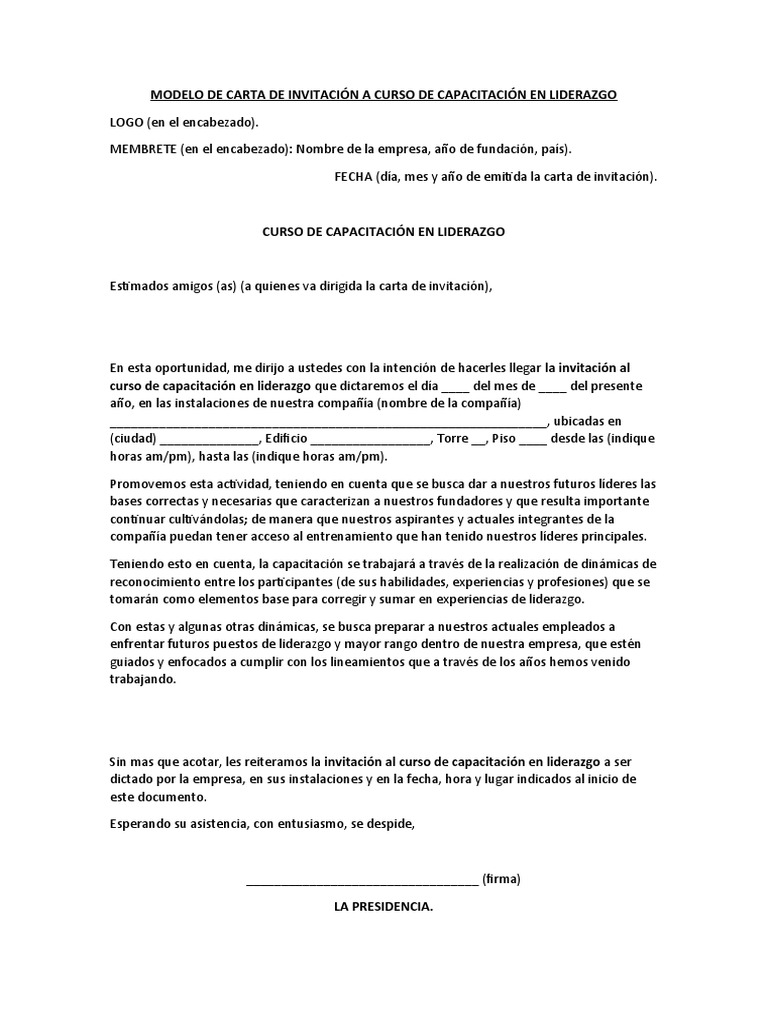 Modelo de Carta de Invitación A Curso de Capacitación en Liderazgo | PDF
