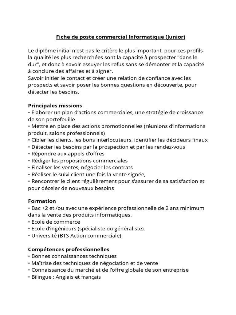 Fiche de Poste Commercial Informatique | PDF | Affaires