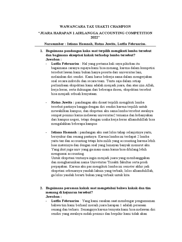 Wawancara Juara Harapan 1 Airlangga Accounting Competition 2022 PDF