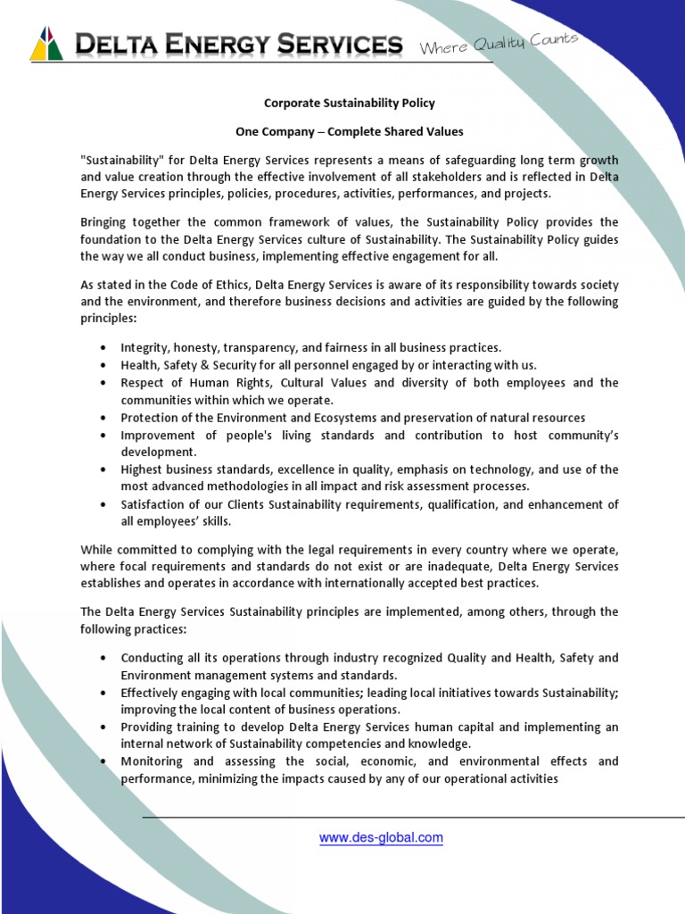 DES Corporate Sustainability Policy PDF Sustainability Economies