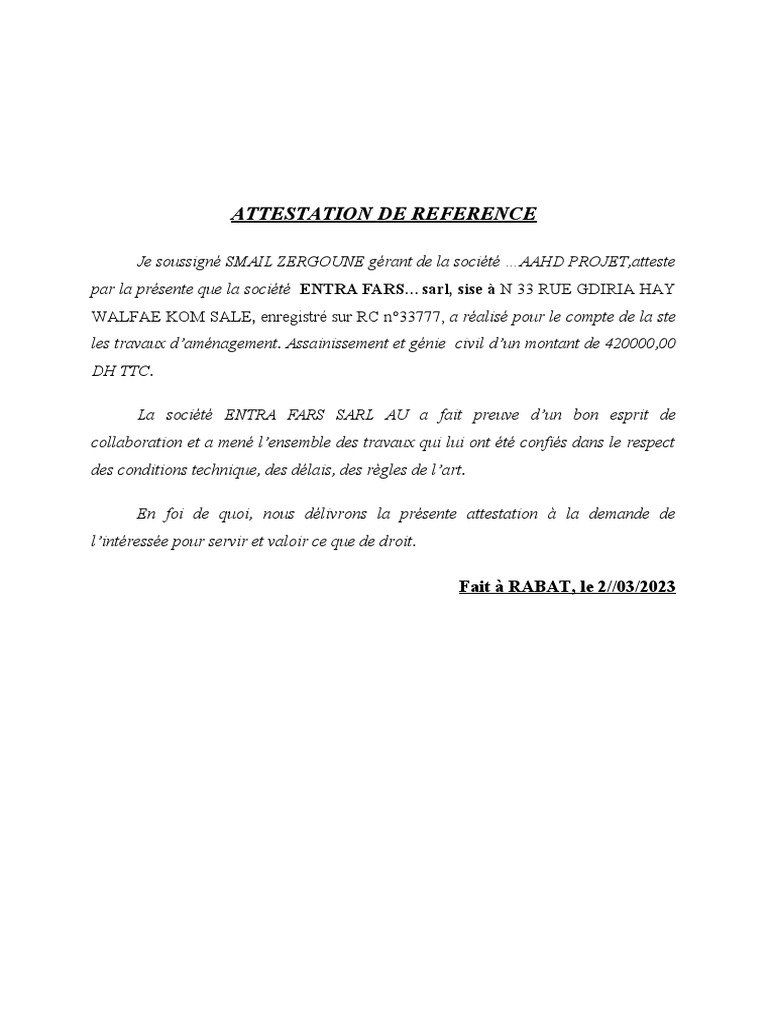 Attestation de Reference | PDF
