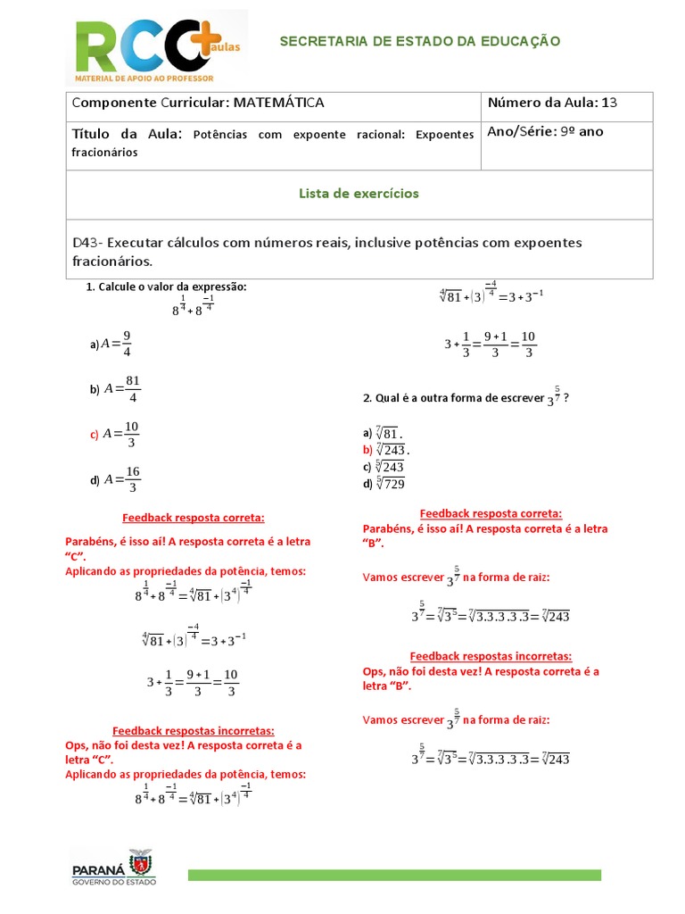 9ano 13 Potencia Com Expoente Fracionario | PDF | Exponenciação ...