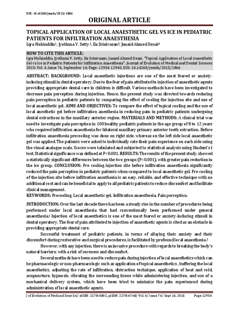 Topical Application of Local Anaesthetic Gel VS Ic PDF Anesthesia