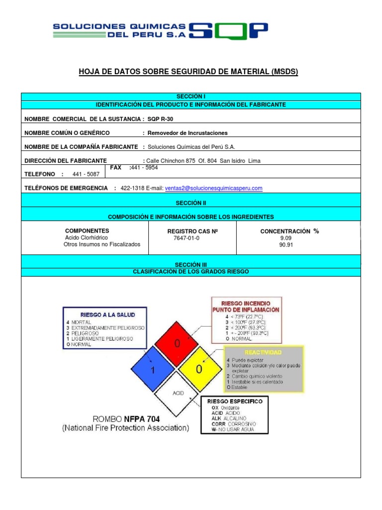 MSDS - SQP R-30 | PDF | Agua | Ciencias fisicas