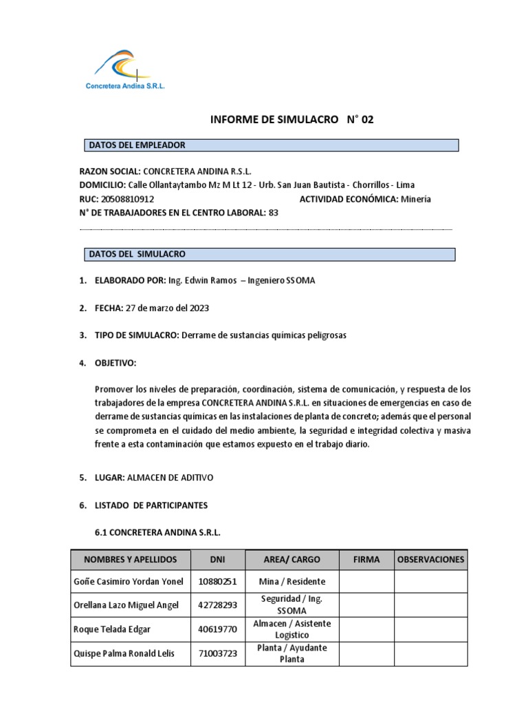 Simulacro de Derrame Químico en Concretera Andina | PDF