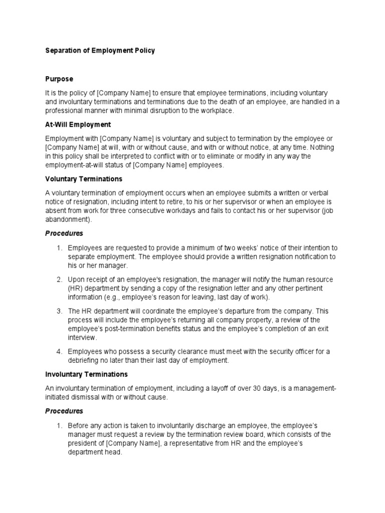 Separation of Employment Policy PDF Employment Payroll