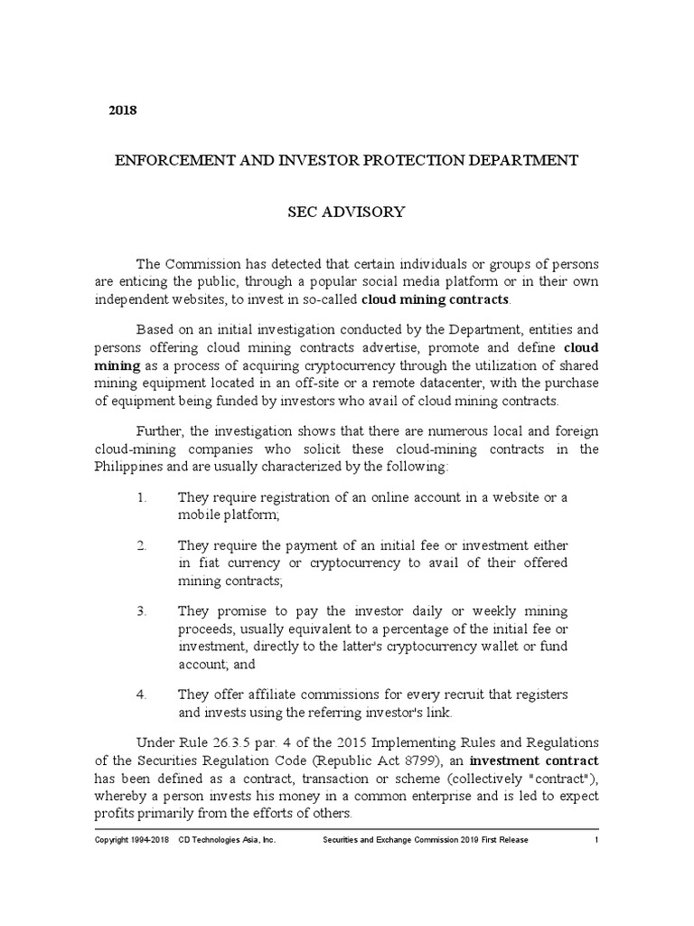SEC Advisory on Cloud Mining Risks | PDF | Cryptocurrency | U.S. Securities  And Exchange Commission