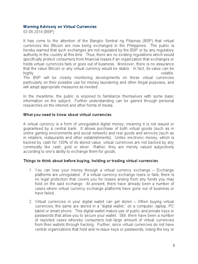 Advisory on Virtual Currencies Risks | PDF | Money | Currency