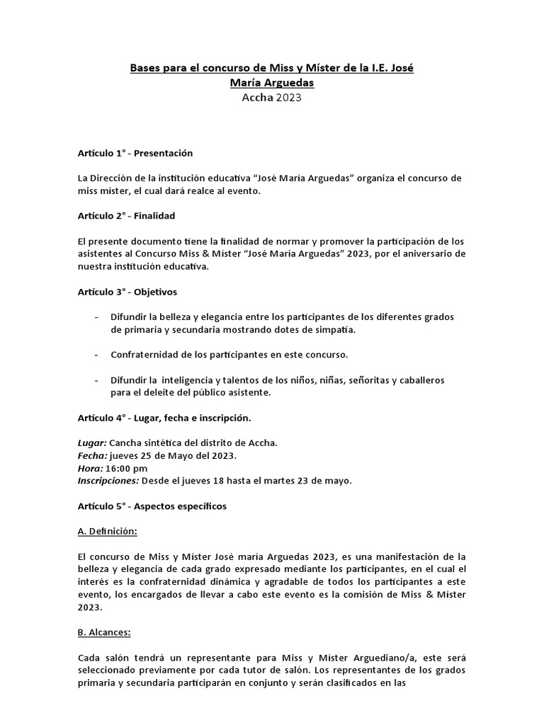 Bases para El Concurso de Miss y Mister - Jose Maria Arguedas 2023 | PDF